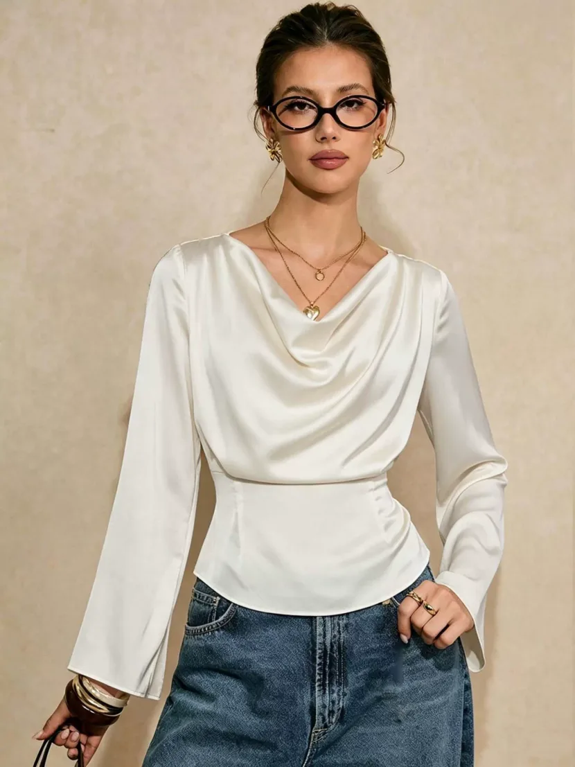 Satin Long Sleeve Blouse for Women V Neck Waist Tie Slim Fit Elegant Style Perfect for Casual or