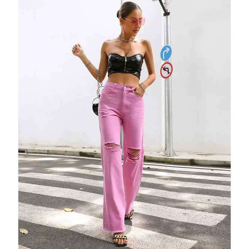 Fashionable Distressed Wide Leg Pants Loose Fit Straight Cut Spring Summer Style Wholesale Avail
