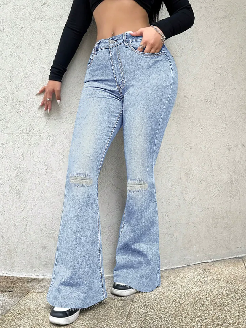 High Waisted Ripped Wide Leg Jeans Stretchy Fabric Versatile Style Trendy Design Casual Wear Who