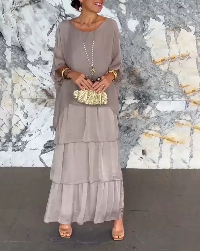 Chiffon Batwing Sleeve Maxi Dress Elegant Round Neck Trendy Design Lightweight Fabric Perfect fo