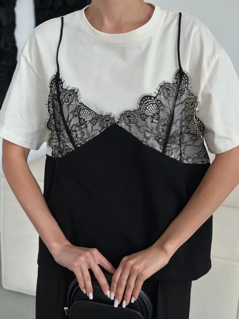 Lace Trimmed Loose Fit T Shirt Short Sleeve Round Neck Casual Style Perfect for Summer Wear Whol