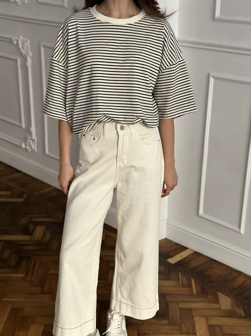 Womens Black and White Striped Short Sleeve T Shirt Color Block Loose Fit Round Neck Casual Top