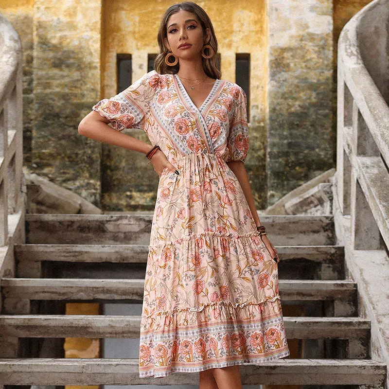 Floral Print V Neck Midi Dress Ruffled Hem Pink Color Country Style Perfect for Spring Summer Wh
