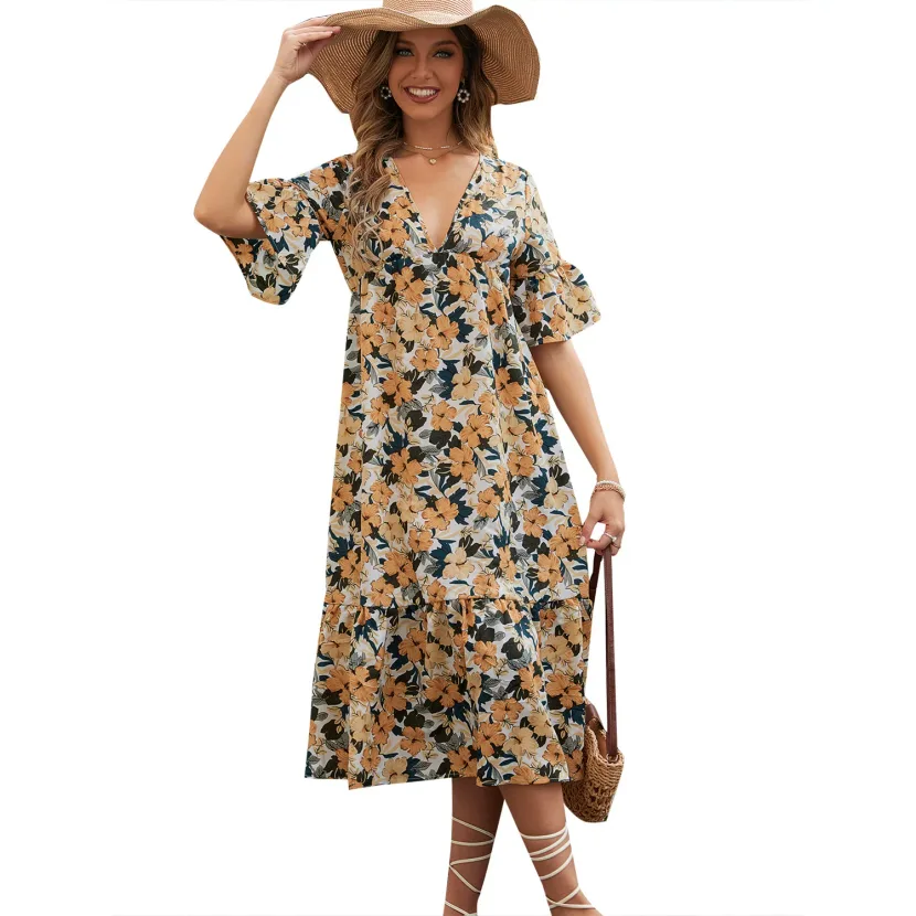 Floral Print V Neck Dress Casual Slim Fit Waist Defining Perfect for Spring Summer Outings Whole