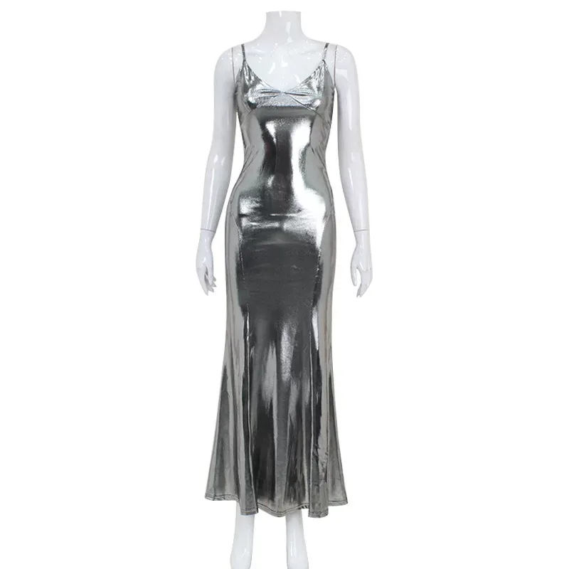 Metallic Silver Backless Mermaid Dress Sexy Sleeveless Liquid Fabric Elegant Evening Gown Wholes