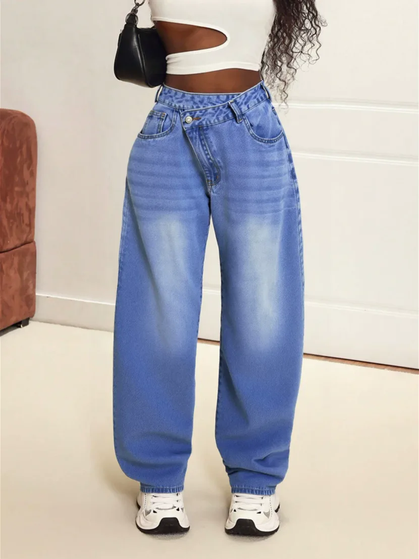 Loose Fit High Street Womens Straight Leg Denim Trousers Versatile Floor Length Casual Style Who