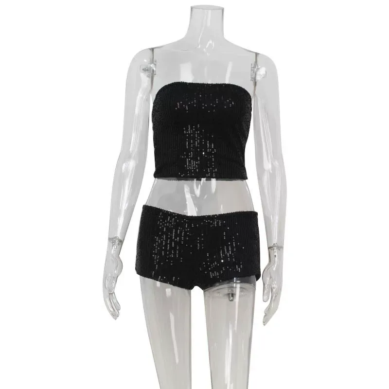 Womens Sexy Strapless Crop Top and Ultra Short Shorts Set Trendy Sequined Design Perfect for Par