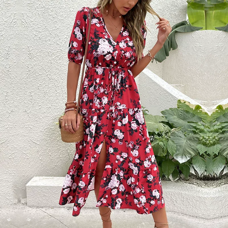 Vintage Floral Print V Neck Split Maxi Dress Summer Fashion for Women Elegant and Romantic Style