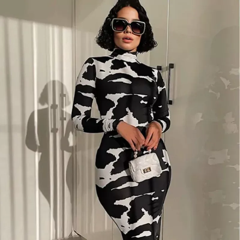 Fashionable Floral Print High Neck Long Sleeve Bodycon Dress for Women Spring Collection Wholesa