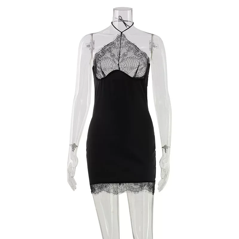 Backless Lace Panel Bodycon Dress Sexy Slim Fit Halter Neck Black Evening Wear Cocktail Party Wh