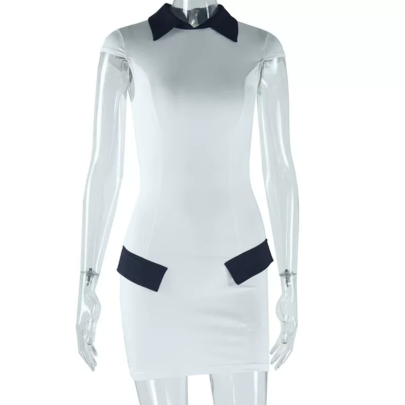 Color Block Bodycon Dress Short Sleeve Polo Collar Pocket Design Chic Casual Wear for Women Whol