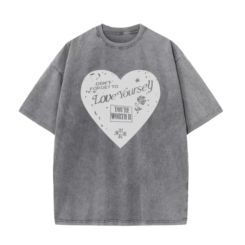 Loose Fit Heart Print Short Sleeve T Shirt for Women Vintage Wash Design Casual Style Summer Wea