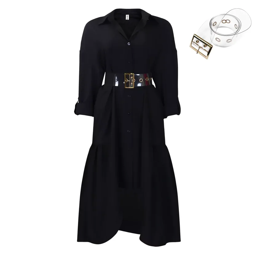 Womens Button Up Shirt Dress Solid Color Loose Fit Stylish Design Irregular Hem Casual Wear for