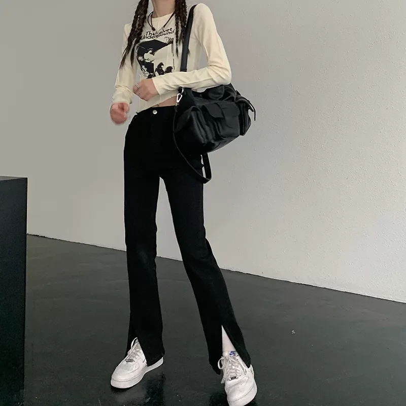 高腰显瘦牛仔裤女2023春季新款韩版学生百搭前开叉时尚休闲直筒裤