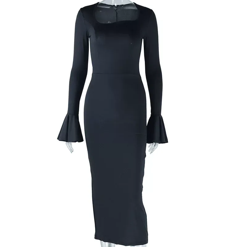 Fashionable Long Sleeve A Line Dress Round Neck Solid Color Midi Length Side Slit Irregular Hem