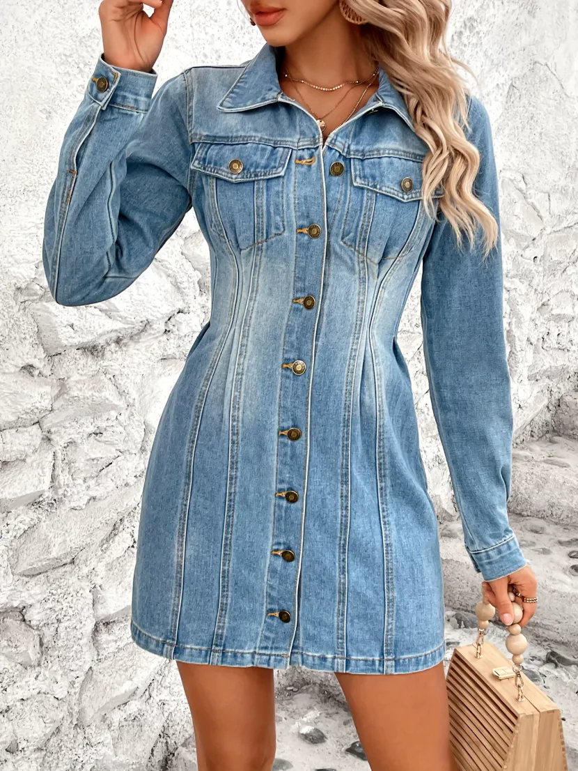 Vintage Slim Fit Long Sleeve Denim Dress Waist Defining Elegant Style Perfect for Casual Outings