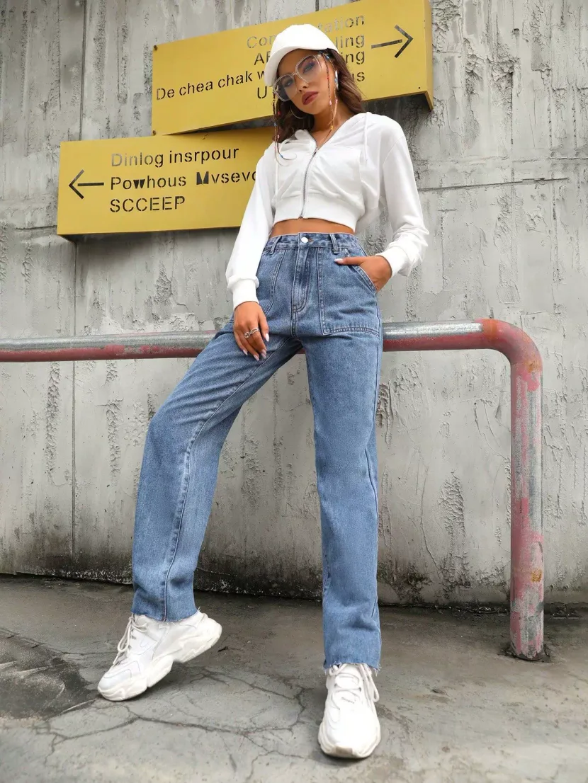 High Waisted Wide Leg Jeans Slim Fit Large Pockets Denim Fabric Casual Wear for Women Wholesale
