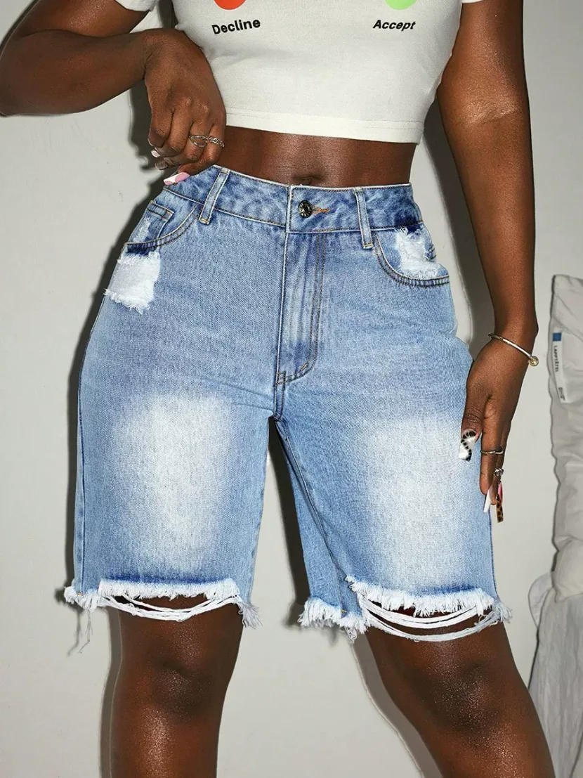 Womens Distressed Denim Shorts Frayed Hem Casual Style Perfect for Summer Wholesale Available