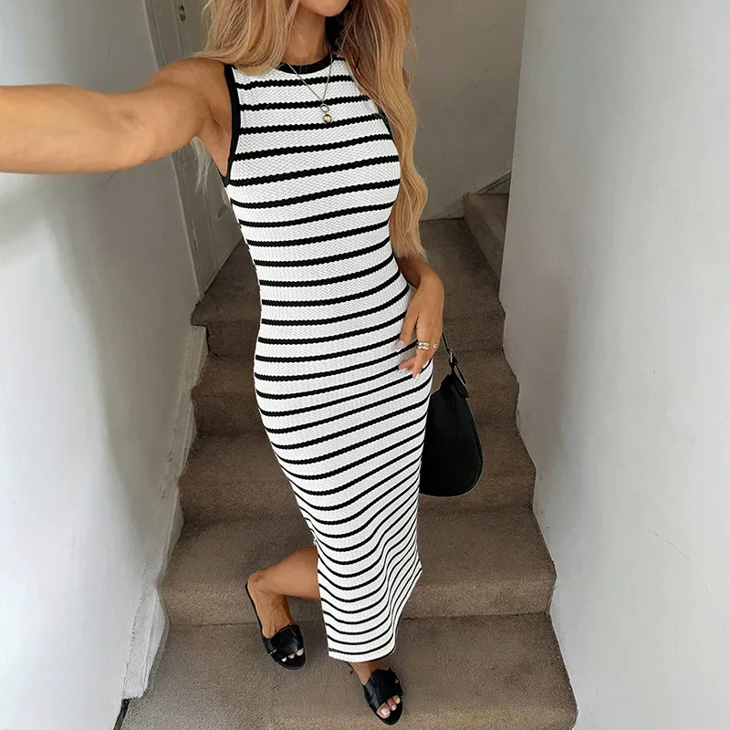 Sleeveless Knitted Bodycon Dress Striped Minimalist Design Side Slit Summer Casual Wear Wholesal