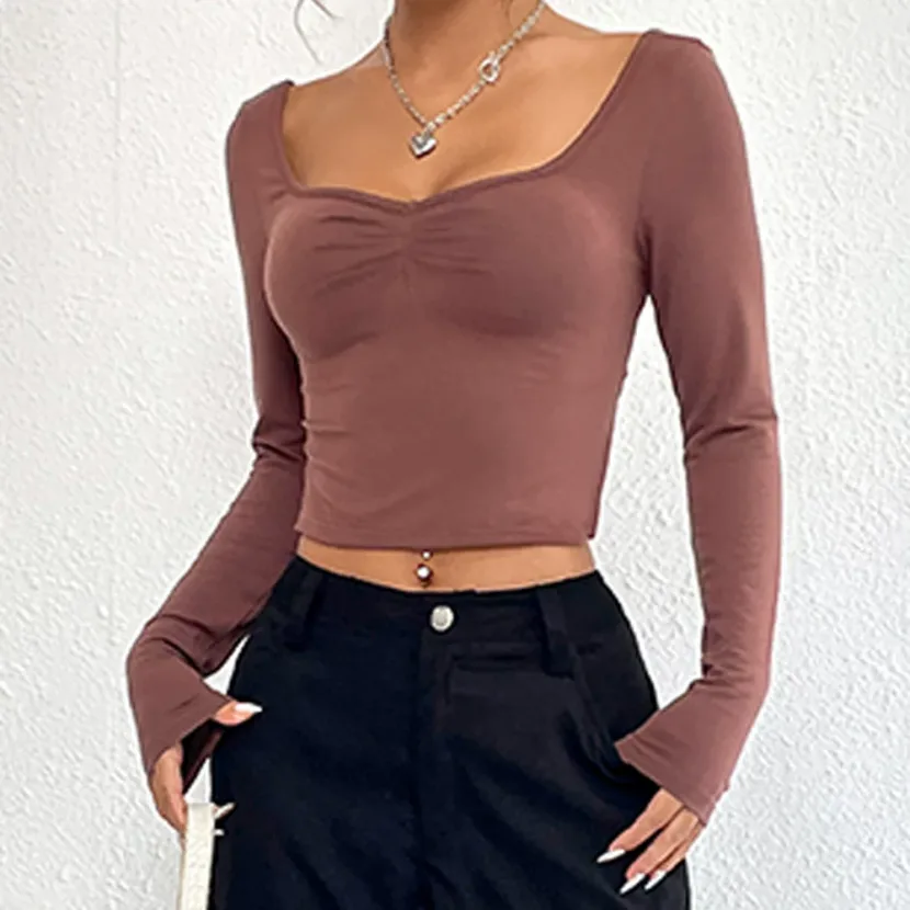 Slim Fit Long Sleeve T Shirt V Neck Side Slit Sexy Design Autumn Winter Womens Fashion Wholesale