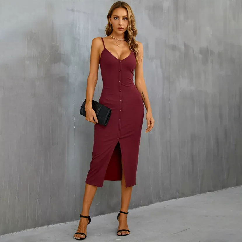 Sexy V Neck Bodycon Midi Dress with Side Slit Slim Fit Sleeveless Ideal for Parties and Vacation