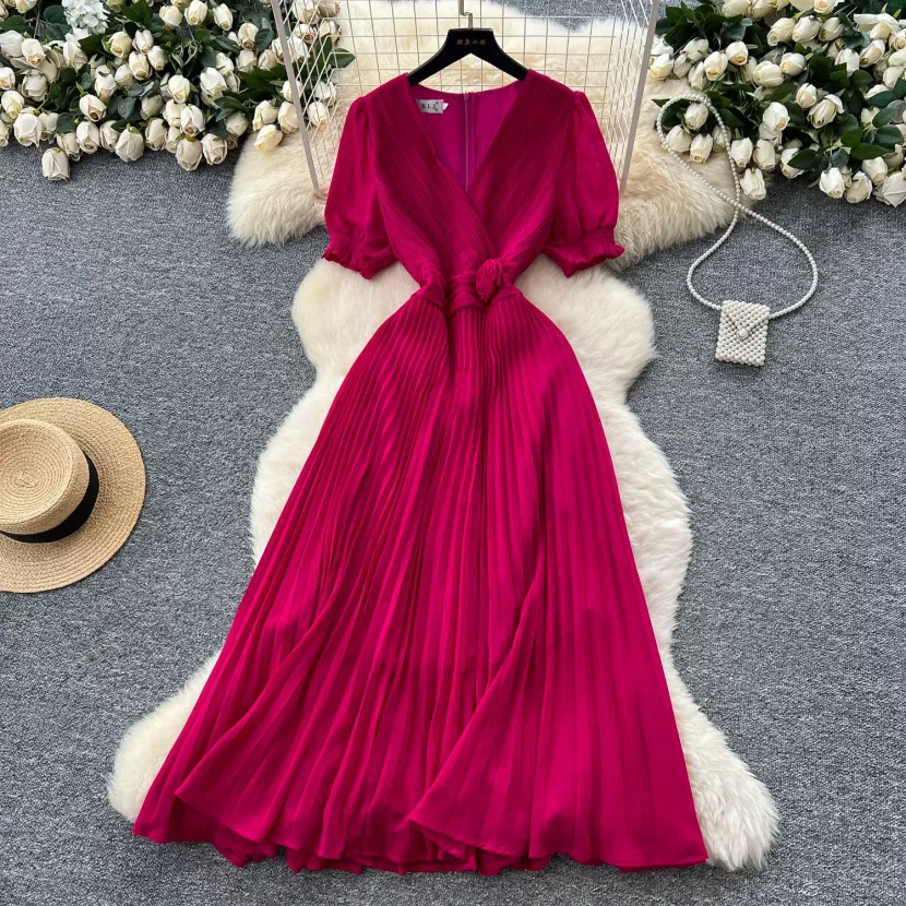 French Elegant V Neck Puff Sleeve Floral Waist Defined Pleated Maxi Dress for Women Summer Slim Fit Wholesale Available