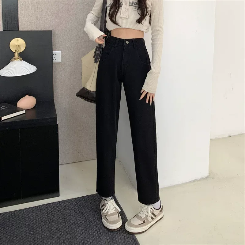 高腰直筒牛仔裤女春秋季2022年新款宽松显瘦小个子黑色烟管裤
