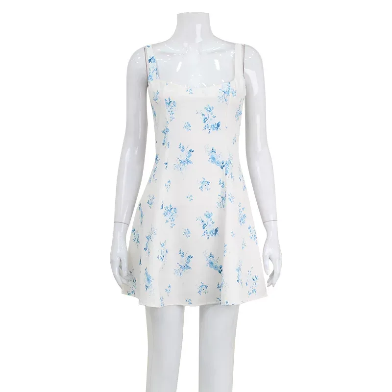 Summer Womens Fashion Floral Print A Line Dress Square Neck Backless Sweet and Fresh Perfect for
