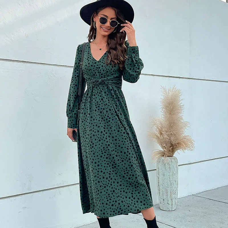 Long Sleeve Leopard Print Maxi Dress Green Color Trendy Design Autumn Fashion Wholesale Availabl