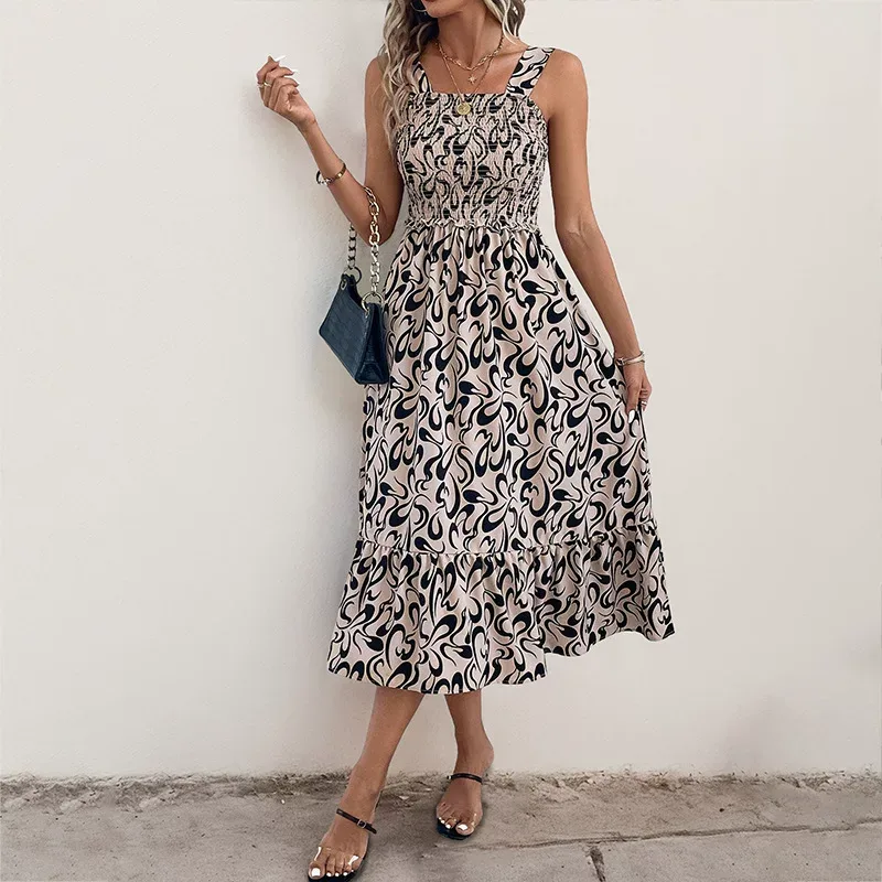 Abstract Print Ruffled Maxi Dress Sleeveless Beach Vacation Style Lightweight Fabric Wholesale A