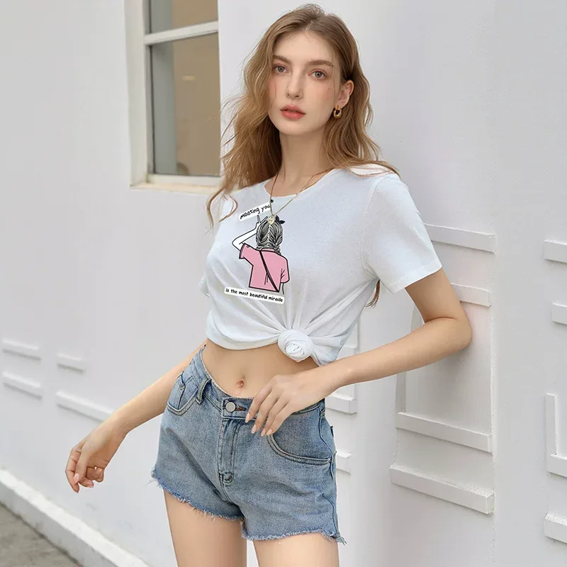 Loose Fit Cartoon Print T Shirt Round Neck Cute Design Casual Style Perfect for Girls Wholesale