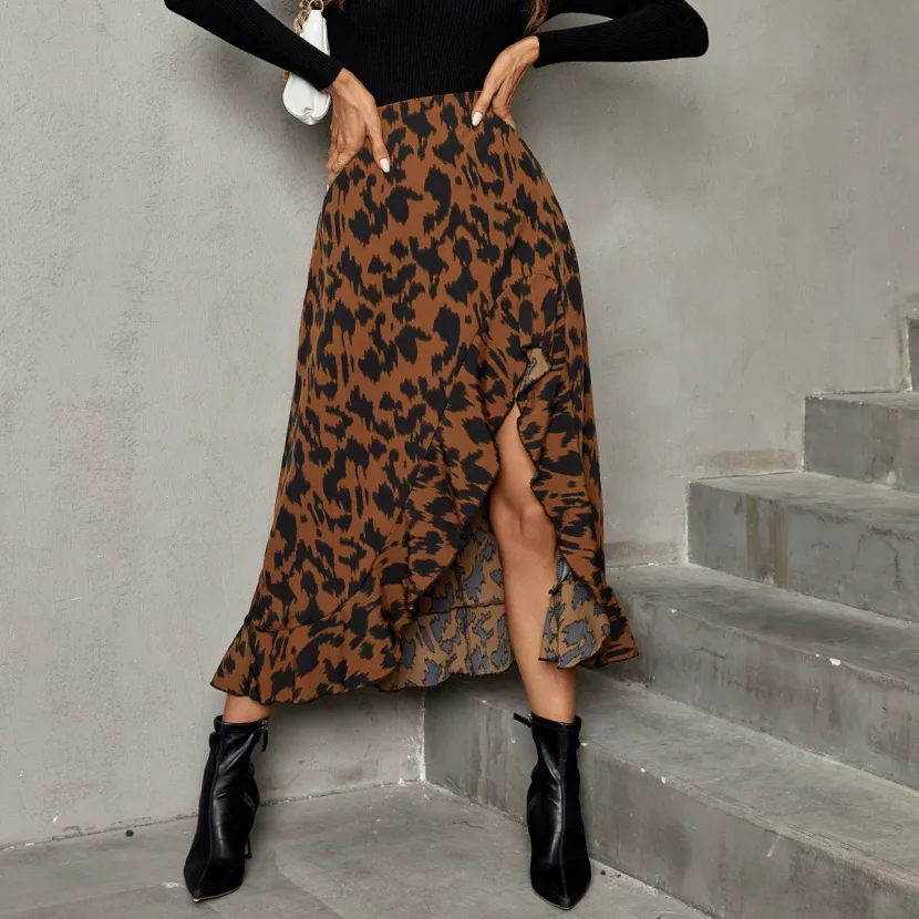 French Style Leopard Print Midi Skirt High Waist Slim Fit Elegant Design Perfect for Casual or F