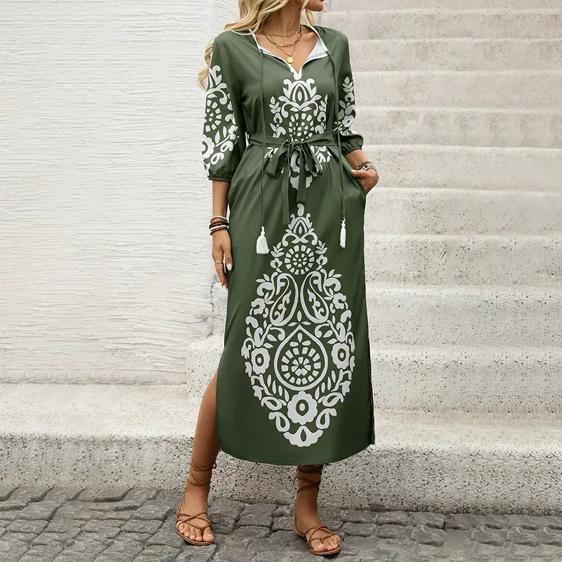 Vintage Bohemian Print Maxi Dress Casual Beach Vacation Comfortable Fit Available for Wholesale