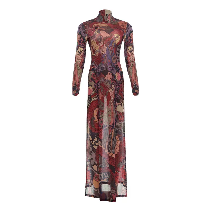 Womens Long Tunic Top Fashionable Round Neck Unique Print Slim Fit High Split Spring Style Whole