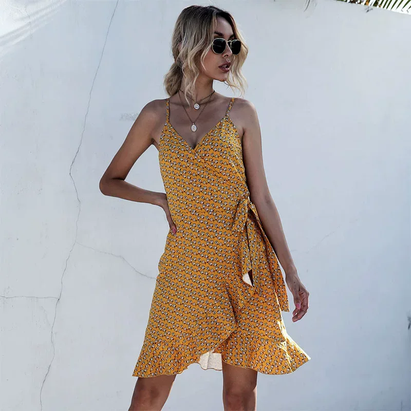 Floral Print Dress Asymmetrical Ruffle Hem Sleeveless Trendy Design Perfect for Summer Events Wh