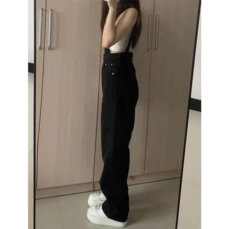 复古黑色牛仔背带裤女2023春秋新款学生高腰百搭宽松直筒拖地长裤