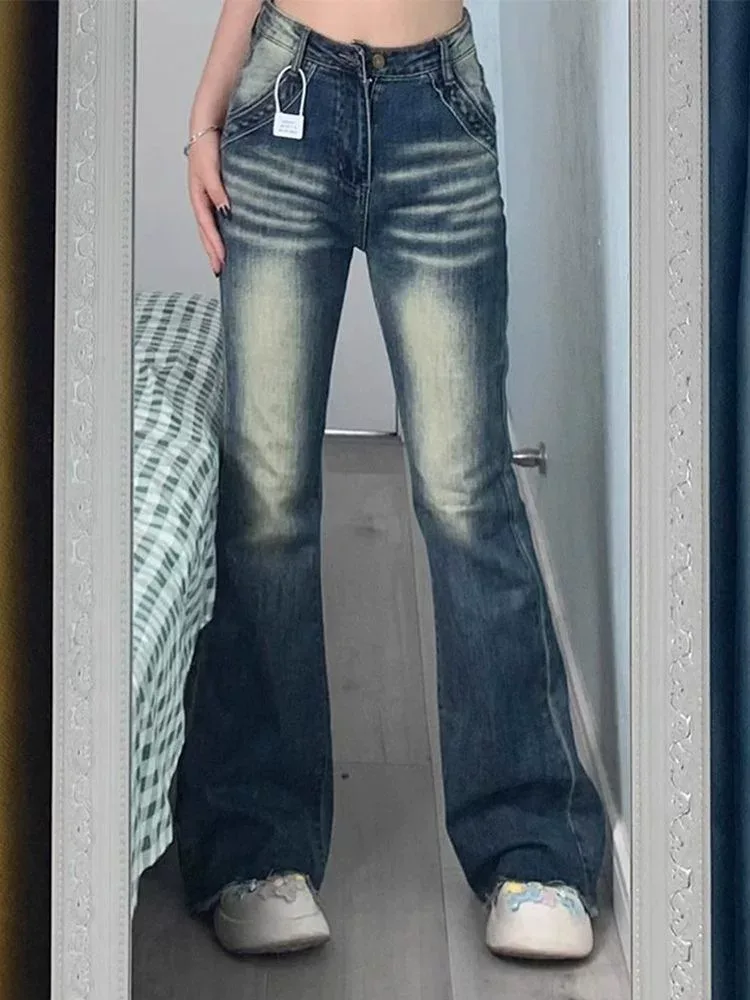 High Waisted Flared Jeans for Women Slim Fit Stretch Fabric Raw Hem Vintage Style Casual Wear Wh