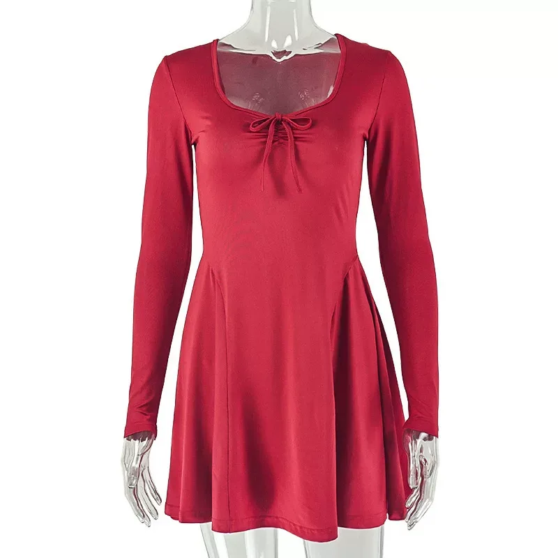 Fashionable Womens A Line Dress Long Sleeve Ruched Waist Solid Color Ideal for Dates and Casual