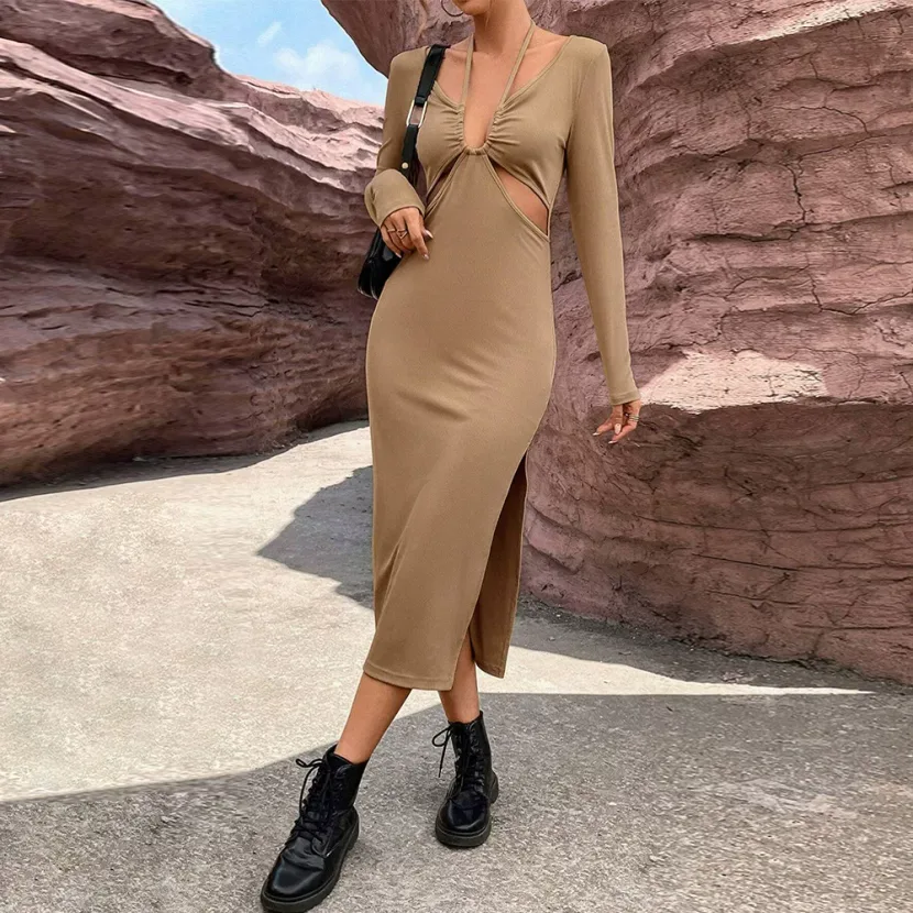 Bodycon Long Sleeve Dress Sexy Hollow Out Design Elegant Spring Summer Fashion for Women Wholesa