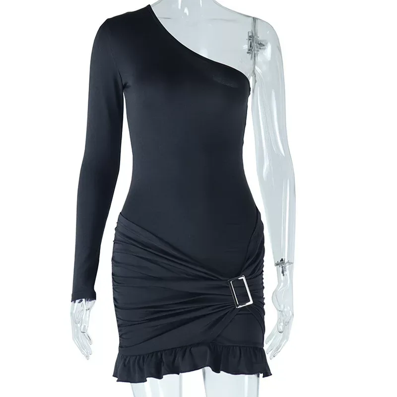 Asymmetrical One Shoulder Dress Solid Color Ruffle Hem Metallic Accents Elegant Evening Wear Who