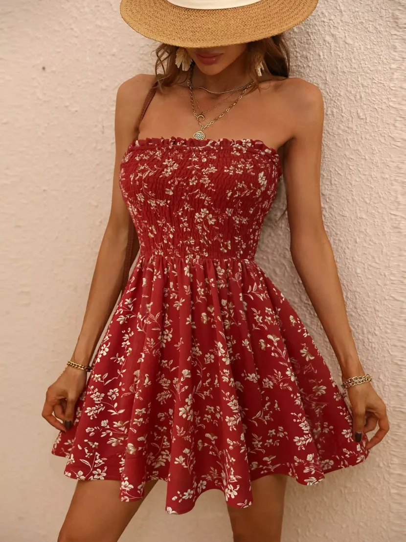Floral Print Strapless Dress Slimming Waist Design Playful Style Summer Fashion Wholesale Availa