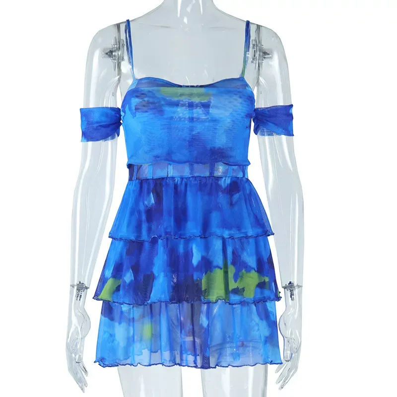 Fashionable Tie Dye Printed Dress Slim Fit Sexy Backless Spaghetti Straps Casual Summer Wear Who