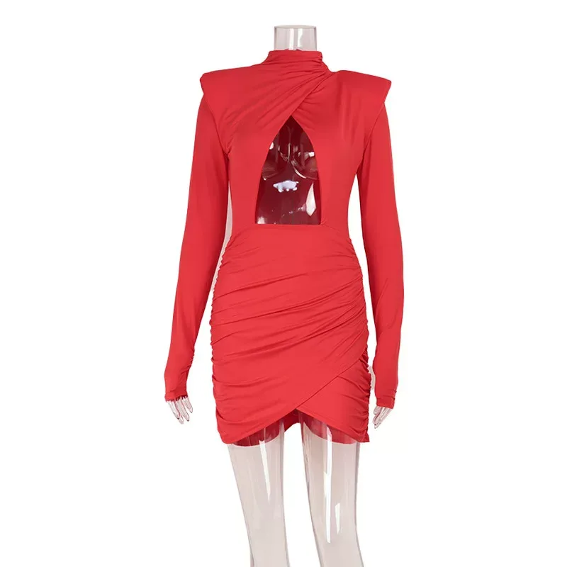 Bodycon Dress Hollow Out Design Shoulder Pads Long Sleeve Solid Color Elegant for Parties and Ev