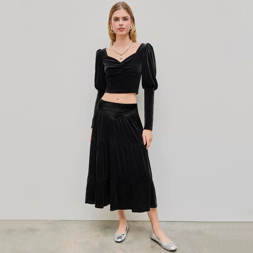 Mid Length Ruffled Velvet Skirt Elegant Design Soft Fabric Comfortable Fit Spring Summer Fashion