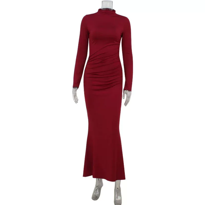 Womens Long Sleeve Bodycon Dress Solid Color Simple Design Mermaid Hem Perfect for Autumn Events