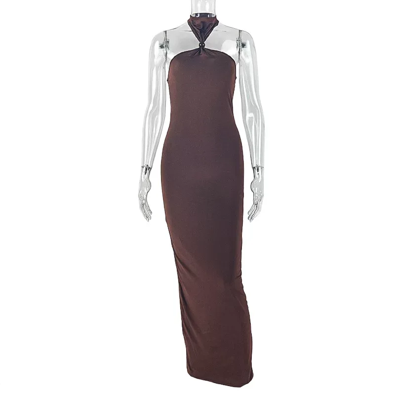Elegant Bodycon Dress Solid Color Halter Neck Curve Hugging Long Length Perfect for Evening Part