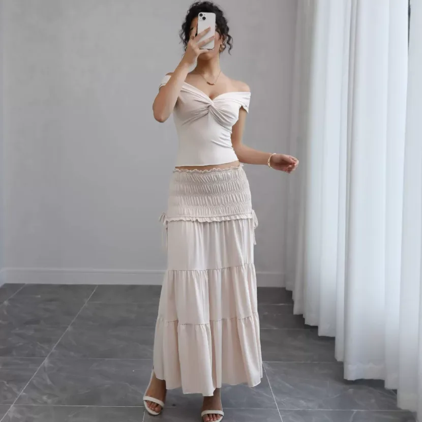 Summer Womens Two Piece Set Crop Top with Low Neckline Ruffled Skirt Chic French Style for Casua