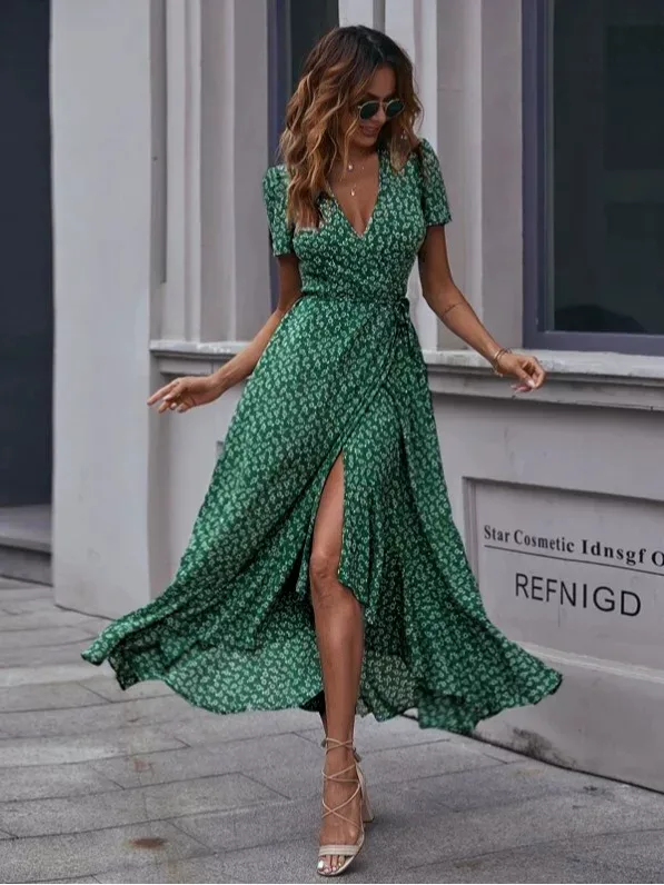 Floral Print V Neck Short Sleeve Wrap Dress Casual Elegant Comfortable Perfect for Parties and G