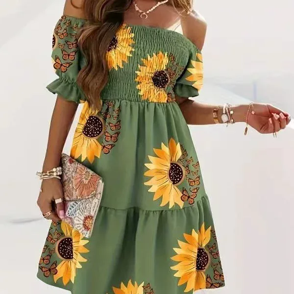 Short Sleeve Off Shoulder Ruched Floral Dress Waist Defined Elegant Design Perfect for Summer Ev