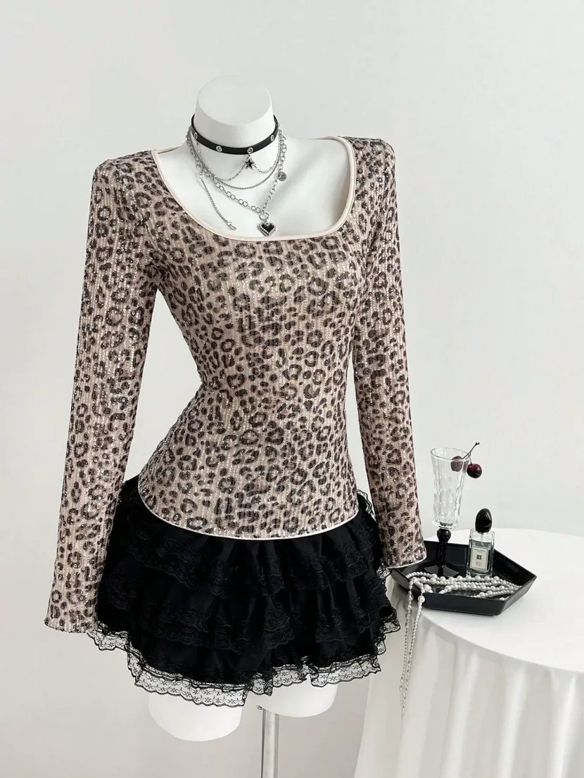 Leopard Print Long Sleeve T Shirt Slim Fit Square Neck Trendy Design Casual Wear for Women Ready